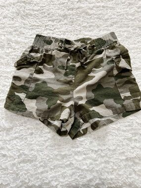 Women's Camo Drawstring Utility Shorts Small Linen Cargo Lightweight